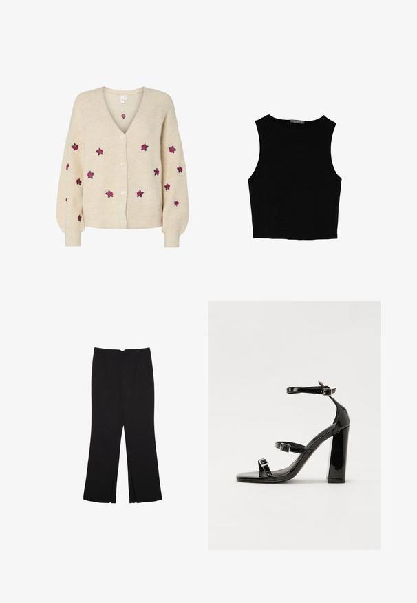 Bež pletena jopica z V-izrezom, rebrasto teksturo, zapiranjem na pet gumbov spredaj in vezenimi rožnatimi vrtnicami. Dolgi rokavi s prilegajočimi manšetami.; Črn brez rokavov crop top, izdelan iz gladkega materiala, z okroglim izrezom in čistim, preprostim dizajnom brez vzorcev ali dodatkov.; Črne hlače ravnega kroja z naglavnimi žepi in stranskimi razporki na robu. Narejene iz mehke, gladke tkanine. Primerne za različne priložnosti.; Črne lakirane sandale s peto, kvadratnim prstom, trakovi okrog gležnja in srebrnimi zaponkami. Opremljene so s stabilno Debelo peto.