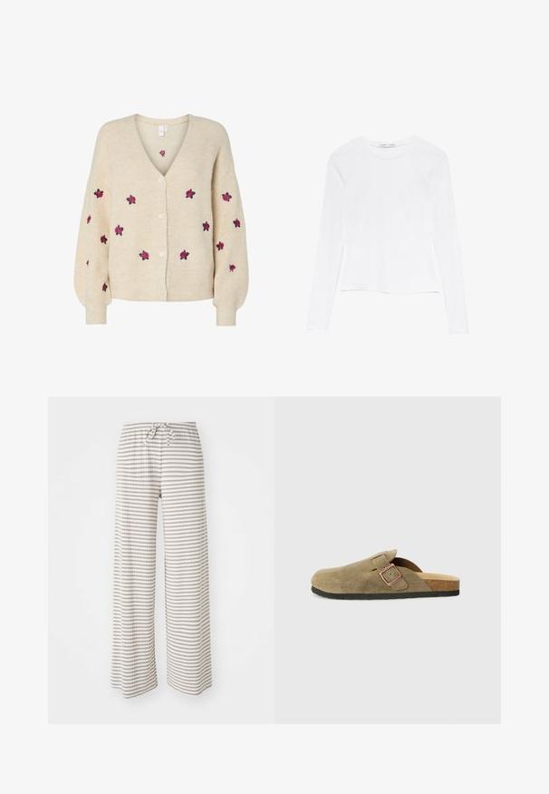 Beige kötött kardigán, V-nyakkal, bordázott textúrával, öt gombos előlapon és hímzett rózsaszínű rózsákkal. Hosszú ujjak, passzos mandzsettával.; Fehér, hosszú ujjú felső, kerek nyakkal. Feszes fazon, sima anyagtextúra és enyhén cropped szabás jellemzi.; Széles szárú nadrág könnyű anyagból, bézs és fehér vízszintes csíkokkal. Rugalmas derékpánt húzózsinórral.; Olívazöld színű, velúr papucs klumpa stílusban, keskeny pánttal és fém csat részlettel. Parafa talppal és fekete gumitalppal rendelkezik.