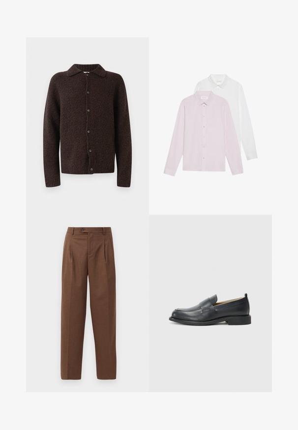 Dunkelbrauner Woll-Buttons-up-Cardigan mit langen Ärmeln, einem Kragen und einer strukturierten, weichen Stoffoberfläche.; Zwei langärmelige Hemden: eines in hellpink, das andere in Weiß. Beide haben spitze Kragen und Knopfverschlüsse. Glatte Stoffoberfläche ohne Muster.; Braune, taillierte Hose mit geradem Schnitt, sichtbaren Falten, seitlichen Taschen und einem einzigen Knopfverschluss am Bund. Glatte Textur.; Schwarzlederne Slipper mit einem glatten Finish, einer flachen Sohle und einer abgerundeten Zehenpartie, die einen dekorativen Riemen über dem Obermaterial aufweisen.
