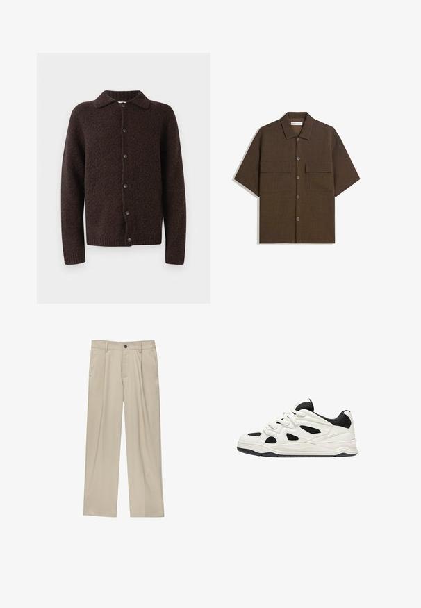 Sötétbarna gyapjú gombos kardigán hosszú ujjakkal, gallérral és texturált, puha anyagú kivitelben.; Rövid ujjú, sötétbarna, texturált anyagból készült ing. Gombos elülső része van, valamint két mellzsebe. Hétköznapi dizájn, laza szabású.; Beige egyenes szárú nadrág, egy fekete gombbal, övhurkokkal és oldalzsebekkel. Sima szövettextúra és minimális design.; Fehér és fekete sportcipők, texturált talppal, oldalt kivágott mintákkal és fűzős megoldással, valamint párnázott hátsó résszel a támasz érdekében.