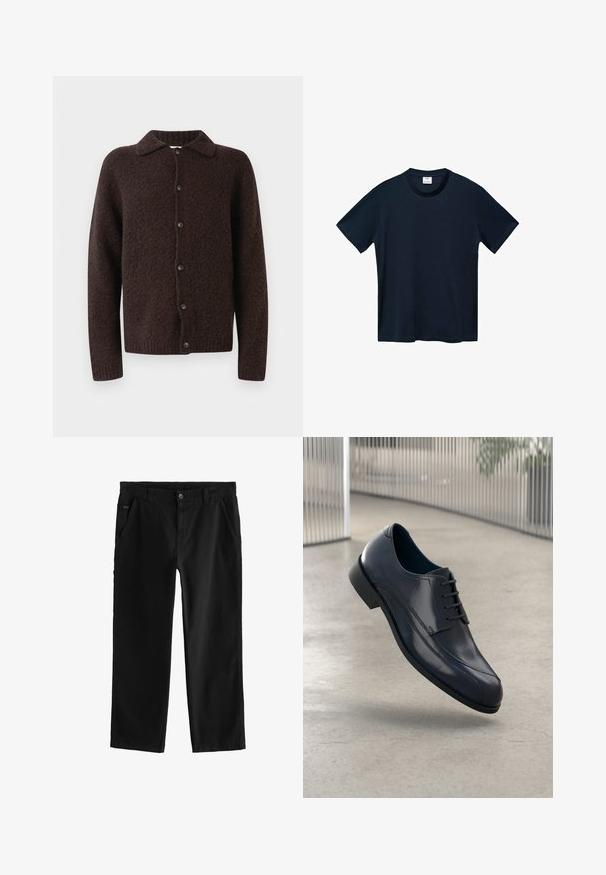 Tmavě hnědý vlněný kardigan na knoflíky s dlouhými rukávy, límcem a texturovaným, měkkým povrchem.; Námořnický modrý tričko s krátkým rukávem vyrobené z měkké bavlny, s kulatým výstřihem a čistým, rovně střiženým lemováním bez viditelných vzorů.; Černé bavlněné kalhoty s rovnými nohavicemi, předním zapínáním na knoflíky, šikmými bočními kapsami a jemnými švy.; Lesklá černá kožená společenská obuv s tkaničkami, plovoucí nad hladkým, světle šedým podlahovým povrchem a s vertikálními kovovými pruty v pozadí.