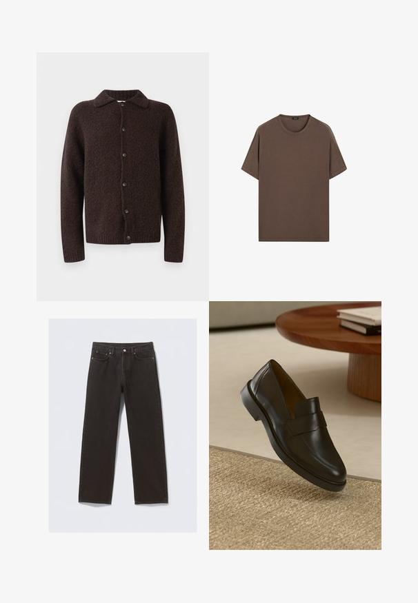 Mörkbrun ullknapp cardigan med långa ärmar, krage och en texturerad, mjuk tygfinish.; Brun bomulls t-shirt med rund hals och korta ärmar. Enkelt mönster med en jämn struktur och en avslappnad passform. Inga mönster eller detaljer.; Svarta denimjeans med rak benpassform, fem fickor och kopparfärgade sömmar. Slät yta, klassisk knappstängning vid midjan.; Svart läderloafer med en slät yta, rund tå och ett dekorativt band över ovansidan. Låg gummihäl, placerad mot en strukturerad yta.