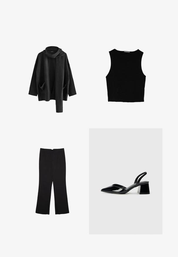 Next Gilet - black; Top court sans manches noir en tissu lisse, avec un col rond et un design épuré, simple, sans motifs ni accessoires.; Pantalon noir avec une coupe droite, doté de poches avant et d'éclairs sur l'ourlet. Fabriqué en tissu doux et lisse. Convient à diverses occasions.; Escarpins en cuir verni noir avec bout pointu et talon bloc géométrique. Présente un design élégant et minimaliste ainsi qu'une texture lisse.