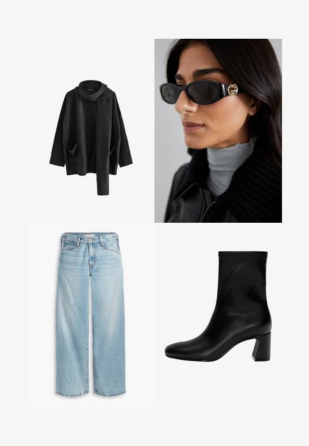 Next Strickjacke - black; Langärmliges weißes Oberteil mit weitem Halsausschnitt und gerafftem Detail im Rücken. Glatte Textur, figurbetonter Schnitt.; Hellblaue, weit geschnittene Jeans aus Denim mit hoher Taille, Knopfverschluss und ausgefranstem Saum. Sichtbare Nähte und Taschen.; Schwarzer Knöchelstiefel aus glattem Leder. Mit quadrater Zehenpartie, elastischem Schaft und einem stabilen Blockabsatz. Minimalistisches Design.; Schwarze Sonnenbrille mit einem schlanken rechteckigen Rahmen und einem goldenen Logo-Akzent an der Seite. Dunkle Gläser und glänzende Oberfläche sind auffällig.; Even&Odd Handtasche - black