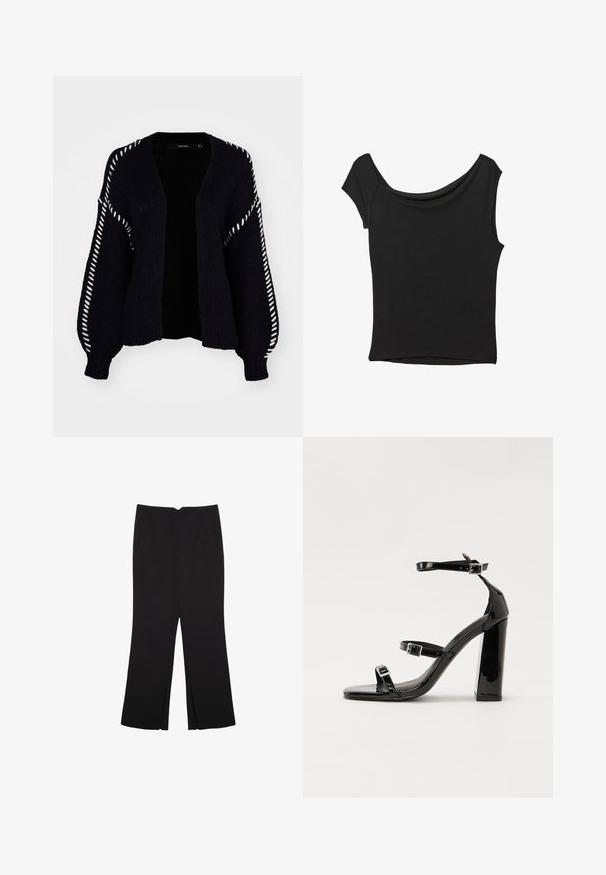Vero Moda FENG LS V-NECK GA BOO - Jopica - black; Črna kratka majica s kratkimi rokavi iz gladkega blaga; ima drapiran izrez in asimetrično spodnjo rob, s prilegnjenim telesom.; Črne hlače ravnega kroja z naglavnimi žepi in stranskimi razporki na robu. Narejene iz mehke, gladke tkanine. Primerne za različne priložnosti.; Črne lakirane sandale s peto, kvadratnim prstom, trakovi okrog gležnja in srebrnimi zaponkami. Opremljene so s stabilno Debelo peto.