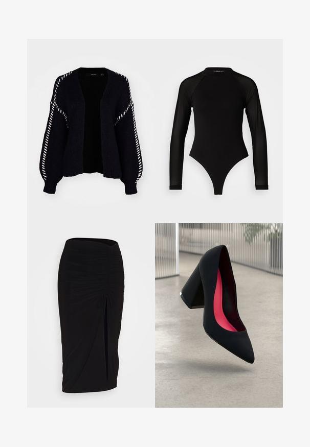 Vero Moda FENG LS V-NECK GA BOO - Kardigán - black; Čierny dlhý rukáv body s vysokým golierom, s pevným látkovým trupom a priehľadnými sieťovinovými rukávmi, navrhnuté v priliehavom strihu.; Čierna, riasená ceruzková sukňa s viazaním a bočným rozparkom. Vyrobená z elastického materiálu, s hladkou textúrou a priliehavým dizajnom.; Čierna lodička na vysokom opätku s špicatou špičkou, štruktúrovaným povrchom a živým ružovým interiérom. Obsahuje robustný opätok so strieborným akcentom.