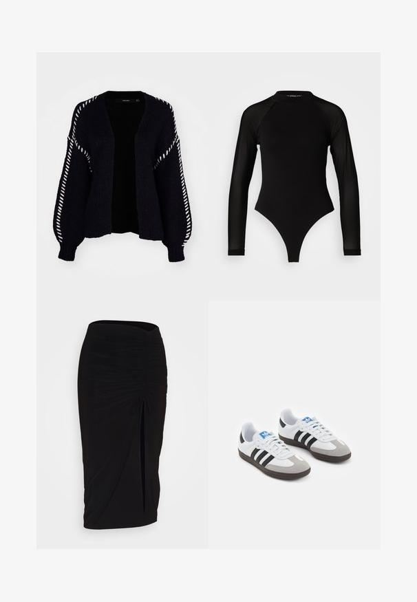Vero Moda FENG LS V-NECK GA BOO - Casaco de malha - black; Body preto de manga longa com gola alta, apresentando tecido sólido no tronco e mangas transparentes em rede, desenhado em forma ajustada.; Saia lápis preta, franzida, com detalhe de laço e uma fenda lateral. Feita de um tecido elástico, apresenta uma textura suave e um design justo ao corpo.; Ténis desportivos com um cabedal em pele branca, biqueira em camurça cinza e três riscas pretas. Apresenta um logo azul na língua e uma sola de borracha texturizada.