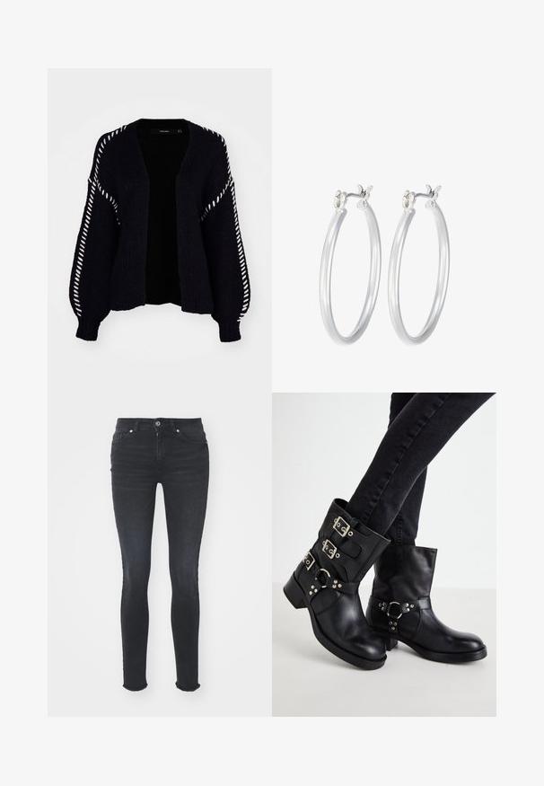 Vero Moda FENG LS V-NECK GA BOO - Kardigan - black; Černý body s dlouhým rukávem a vysokým límcem, s pevným materiálem na trupu a průhlednými síťovanými rukávy, navržený v přiléhavém střihu.; Černé skinny džíny z denimu s středně vysokým pasem, pěti kapsami a roztrženým lemem. Materiál má hladkou texturu s mírnou pružností.; Černé kožené kotníkové boty se třemi sponami, zaoblenou špičkou a nízkým blokovým podpatkem. Design obsahuje hladké a texturované panely.; Stříbrné kruhové náušnice s hladkým, lesklým povrchem. Kulatý tvar a bezpečné zapínání na klip. Lehký design vhodný pro každodenní nošení.