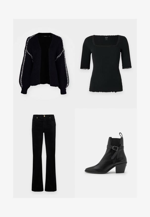 Vero Moda FENG LS V-NECK GA BOO - Vest - black; Zwart geribd topje met korte mouwen en een vierkante halslijn, voorzien van kanten rand aan de kraag en mouwen, en een gegolfde zoom.; Zwarte flare jeans gemaakt van een katoenmix, met een gladde textuur, gouden accenten, twee voorzakken en gestikte details.; Zwarte leren enkelboots met een spitse neus, blokhak en zijgespilde detail. Beschikt over een gladde textuur en een trekriem aan de achterkant.