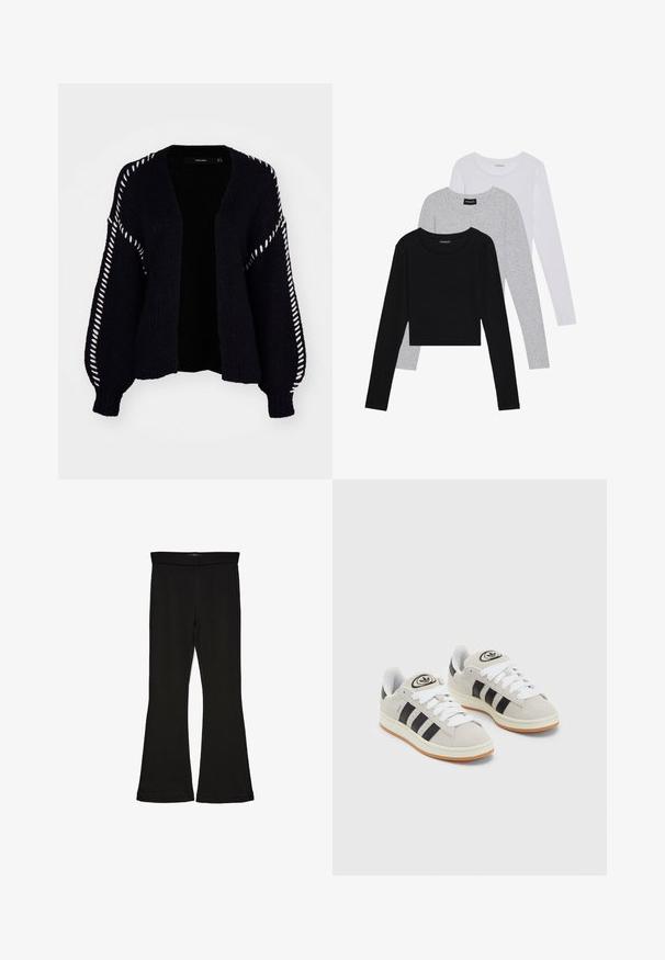 Vero Moda FENG LS V-NECK GA BOO - Kardigán - black; Három hosszú ujjú póló egymásra rakva: fekete, szürke és fehér. Mindegyiknek kerek nyaka van, és rövidített fazonnal rendelkezik, sima, könnyű anyagból készült.; Fekete trapéz leggings rugalmas anyagból készült. Széles derékpánttal és sima textúrával rendelkezik, illeszkedő sziluettje van, amely a szegélyen kigyullad.; Szürke velúr sportcipők fehér fűzővel, fekete csíkokkal és fehér gumitalppal. A nyelvén kör alakú logó található, illetve a talpa színes gumi.