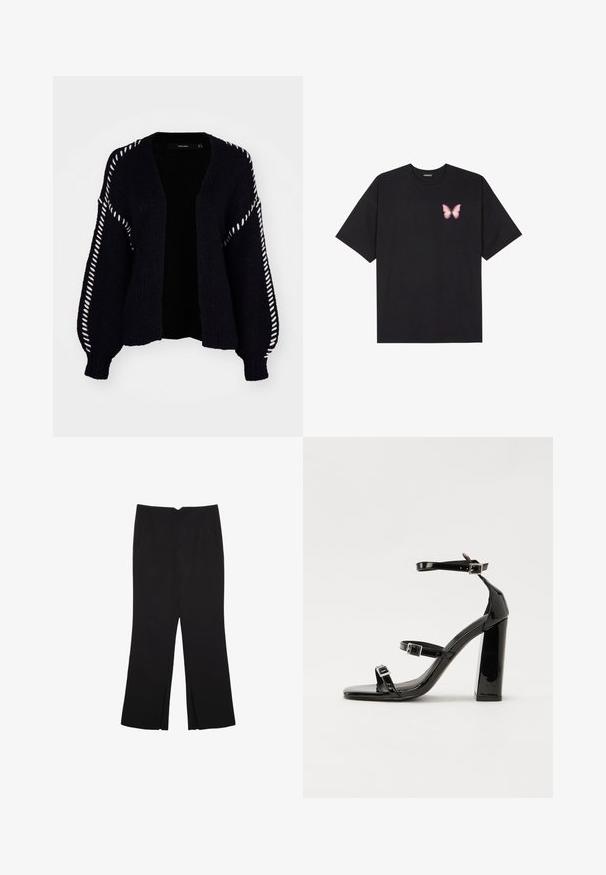 Vero Moda FENG LS V-NECK GA BOO - Strickjacke - black; Schwarzes Baumwoll-T-Shirt mit kurzen Ärmeln, das ein kleines pinkes Schmetterlingsmotiv auf der linken Brust zeigt. Crewneck-Design mit einem entspannten Schnitt.; Schwarze Hose mit geradem Schnitt, ausgestattet mit Fronttaschen und Seitenschlitzen am Saum. Hergestellt aus weichem, glattem Stoff. Geeignet für verschiedene Anlässe.; Schwarze Lackleder-Sandalen mit hohen Absätzen, zwei Riemen mit Schnallen, quadratischer Zehenpartie und klobigem Blockabsatz, mit einer glatten, glänzenden Textur.