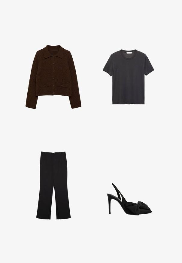 Smeđi pleteni kardigan s okovratnikom, prednjim gumbima i rebrastim detaljima. Ima teksturirani uzorak i dva prednja džepa.; Crna majica s okruglim izrezom napravljena od mekanog pamuka. Kratki rukavi, opušteni kroj i ravni rub bez ukrasnih elemenata ili uzoraka.; Crne hlače ravnog kroja, s prednjim džepovima i bočnim prorezima na rubu. Izrađene od mekog i glatkog materijala. Pogodne za razne prigode.; Crne slingback visoke pete od glatke tkanine s oštrim vrhom i detaljem od tkanine u obliku mašne sprijeda. Uska stiletto peta.