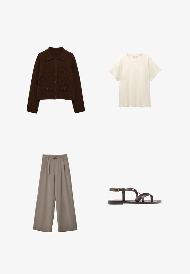 Smeđi pleteni kardigan s okovratnikom, prednjim gumbima i rebrastim detaljima. Ima teksturirani uzorak i dva prednja džepa.; Svijetlo bež majica kratkih rukava s okruglim izrezom, izrađena od meke, glatke tkanine. Karakterizira je opušteni kroj i ravni rub.; Široke hlače u mekoj, prigušenoj sivoj tkanini, s remenom na struku i plisiranim detaljima za dodatni dizajn. Glatka tekstura, bez uzoraka.; Smeđe kožne sandale s iskrižanim trakama, umetkom za zapešće s kopčanjem i ravnim potplatom s minimalnim detaljima šivanja.