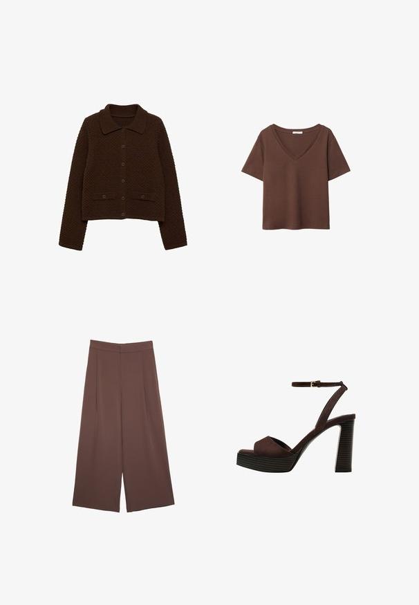 Hnedý pletený kardigán s golierom, prednými gombíkmi a rebrovanými detailmi. Obsahuje texturovaný vzor a dve predné vrecká.; Hnedé bavlnené tričko s krátkymi rukávmi a hlbokým V-výstrihom. Jednoduchý dizajn, jemná textúra a rovný lem. Bez vzorov alebo akcentov.; Hnedé nohavice so širokými nohavicami a hladkou textúrou, s vysokým pásom a prednými skladmi. Tkanina je ľahká a voľne sa pohybuje.; Hnedé semišové sandále na vysokom podpätku s otvorenou špičkou, nastaviteľným členkovým remienkom a pruhovanou platformovou podrážkou.