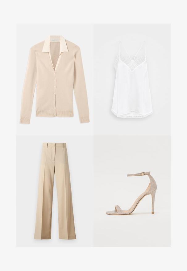 Beige kardigán mély V-nyakkal, hosszú ujjakkal, bordás mandzsettákkal és szegéllyel, valamint hat azonos gombbal az elején. Puha kötött textúra.; Fehér pántos top V-nyakkivágással, vékony pántokkal, texturált csipke díszítéssel a vállaknál és ívelt szegéllyel. Simás anyagfelület.; Beige színű, bő szabású nadrág sima anyagból, lapos elejével, redőkkel, cipzáras záródással és övhurkokkal. Összességében testreszabott szabású.; Fém rózsaarany színű, pántos magassarkú szandál, texturált felsőrésszel, nyitott orral és arany csattal díszített bokapánttal.