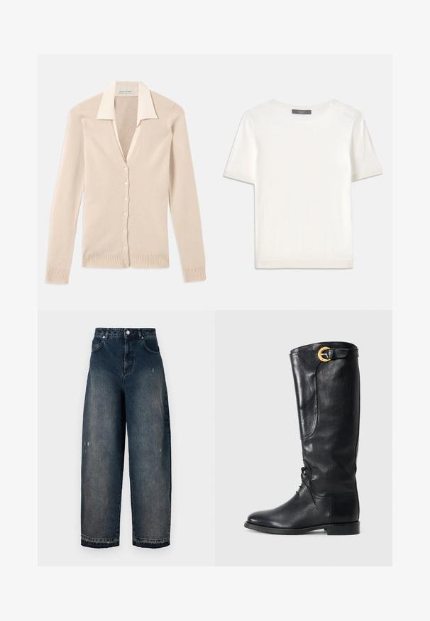 Bež kardigan z globokim V-izrezom, dolgimi rokavi, rebrastimi manšetami in robom ter šestimi usklajenimi gumbi spredaj. Mehka pletenina.; Bela kratka pletena majica s kratkimi rokavi in okroglim izrezom, ki ima gladko teksturo in subtilne rebrovane detajle na rokavih in robu.; Temne kavbojke širokega kroja z visokim pasom, petimi žepi, vidnim šivanjem in rahlim obrabljenjem spredaj. Klasično zapiranje z gumbom in zadrgo.; Ženske črne usnjene škornje do kolen, s zaobljenim nosom, spredaj vezane, z bočno dekoracijo in z zlatim okrasnim sponko na vrhu. Gladka površina.