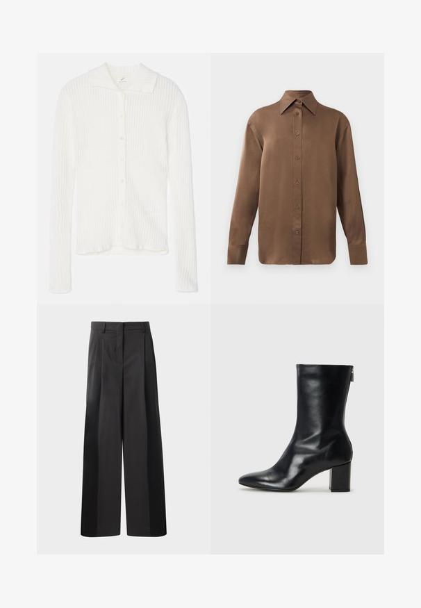 Biely rebrovaný pletený kardigán s golierom, dlhými rukávmi a predným zapínaním na gombíky. Mäkká textúra s jemnými vertikálnymi pruhmi.; Hnedá košeľa s dlhým rukávom, so zapínaním na gombíky, s špicatým golierom a manžetami, vystavená na jednoduchom bielom pozadí.; Čierne široké nohavice s vysokým pásom, so záhybmi vpredu, hladkou textúrou a prispôsobeným strihom. Navrhnuté pre uvoľnený strih.; Čierne kožené členkové topánky s špicatou špičkou a blokovým podpätkom vysokým 4 cm. Elegantný dizajn obsahuje bočný zips pre jednoduché obúvanie. Hladká textúra.