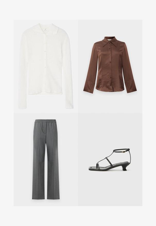 Cardigan en tricot côtelé blanc avec col, manches longues et fermeture à boutons à l'avant. Texture douce avec des rayures verticales subtiles.; Chemise en satin marron avec un col classique, des manches longues et une fermeture à boutons sur le devant. Notable pour sa texture lisse et sa coupe ajustée.; Pantalons gris à jambes larges avec une taille élastique, fabriqués dans un tissu texturé présentant un motif de tissage subtil.; Sandale en cuir noir avec un bout carré, des fines lanières, une bride de cheville ajustable et un petit talon. Présente un petit accent doré sur la lanière.