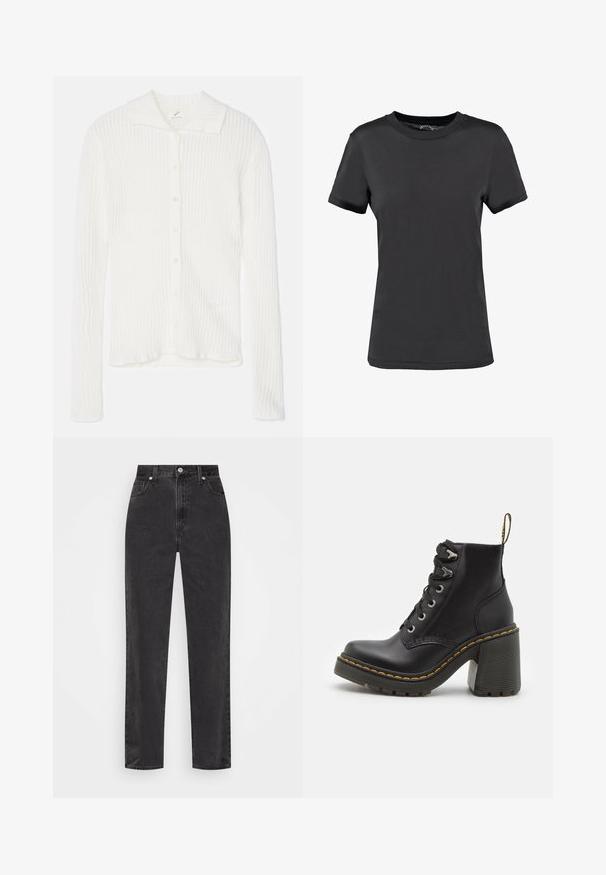 Bela rebrasta pletena kardigan brezrokavnik s ovratnikom, dolgimi rokavi in sprednjim zapiranjem na gumb. Mehak material z diskretnimi navpičnimi črtami.; Črna majica s kratkimi rokavi, izdelana iz gladkega materiala. Ima okrogel izrez brez vidnih vzorcev ali naglasov, kar ponuja preprosto zasnovo.; Črne denim hlače s ravnimi nogami in visokim pasom, sprednjim gumbom in zadrgo ter petimi žepi na belem ozadju.; Črne usnjene gležnarske škornje z masivnim visokim petami, vezanjem spredaj, kovinskimi luknjicami in rumenim šivom ob podplatu. Teksturiran gumijast podplat.