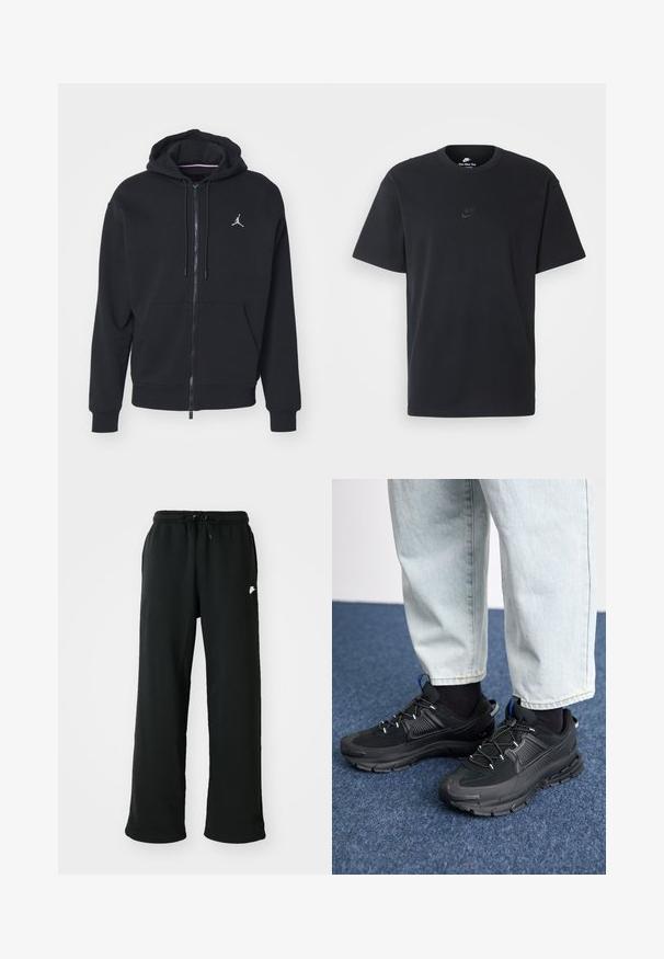 Črna zip-up kapuca iz mehkega materiala, z kenguru žepom, rebrastimi rokavi in belim vezenim logotipom na prsih.; Nike črna bombažna majica z klasičnim okroglim izrezom, kratkimi rokavi in subtilnim, vtisnjenim logotipom na prsih. Gladka tekstura.; Črne trenirke iz mehkega blaga, z elastičnim pasom in nastavljivo vrvico ter majhnim logotipom na strani.; Črne športne čevlje z teksturirano tkanino in gumijastimi podplati, ki imajo elastične vezalke ter modre poudarke na peti. Nosi se z lahkimi denim hlačami.