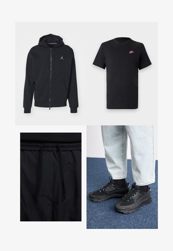 Black zip-up hoodie made from soft fabric, featuring a kangaroo pocket, ribbed cuffs, and a white embroidered logo on the chest.; Black cotton t-shirt with a round neckline and short sleeves. Features a pink Nike logo on the upper left side. Smooth texture.; Black shorts featuring a drawstring waistband, lightweight fabric with a smooth texture, and a simple design without visible logos or patterns.; Black athletic shoes with textured fabric and rubber soles, featuring elastic laces and a blue accent on the heel. Worn with light denim pants.