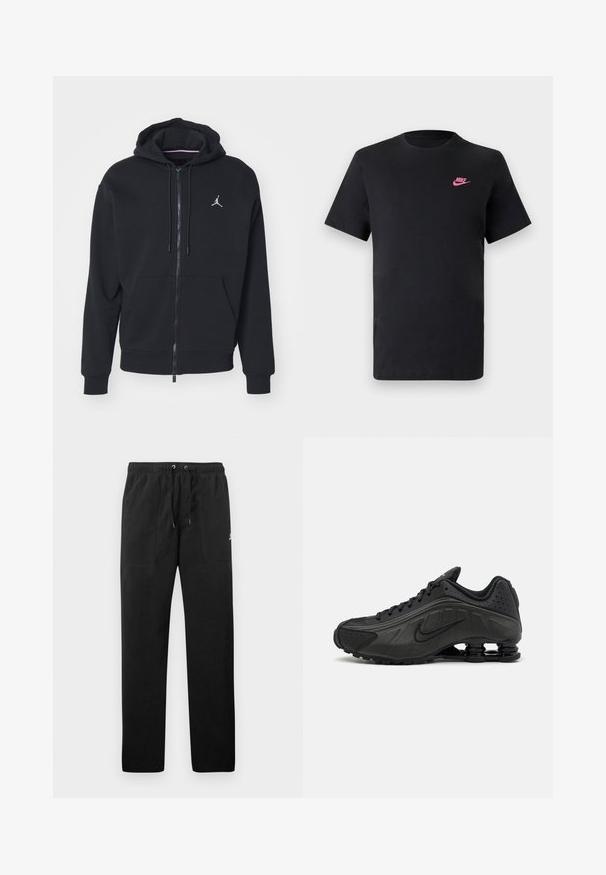 Fleeced preto com fecho, feito de um tecido suave, apresentando um bolso canguru, punhos canelados e um logo bordado branco no peito.; T-shirt de algodão preto com decote redondo e mangas curtas. Apresenta um logótipo da Nike rosa no lado superior esquerdo. Textura suave.; Calças de fato de treino pretas feitas de polar, com uma cintura elástica e cordões, dois bolsos frontais e um pequeno logótipo na coxa.; Ténis de corrida pretos com um upper sintético suave, acentos perfurados, painéis laterais texturizados e uma sola distinta e elástica.