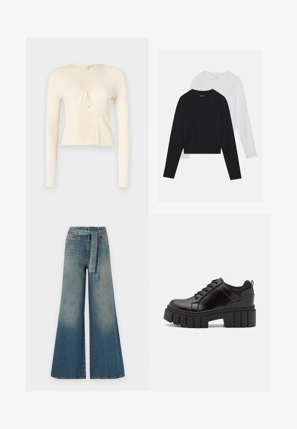 Varrastatud, kreemika värvi pikad varrukad ja V-kaelus, ees sidumisdetailiga. Kergete kangastega, keha juurde liibuv disain ja lühike pikkus.; Kaks pikade varrukatega särki: üks must ja teine valge. Mõlemal on ümar kaelus, raglanvarrukad ja pehme puuvillasegu kangas.; Laiad denimpüksid, millel on hele tume sinine gradiendiefekt, kõrge vöökoht, vöökumlid ja sobivast kangast vöö. Struktureeritud denimi viimistlus.; Must musta platvormsussid paksu plokkninal, ümmarguse varbaga ja traditsioonilise nööridega kinnitamisega. Sussid on sileda tekstuuriga ja minimaalsete detailidega.