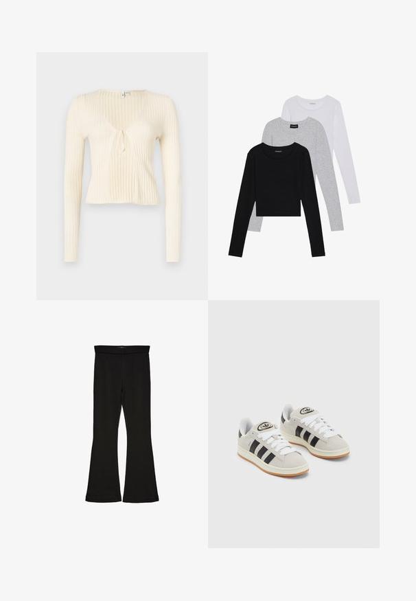 Rippiertes, cremefarbenes Langarmoberteil mit V-Ausschnitt und Bindedetail an der Vorderseite. Leichter Stoff, figurbetonte Passform und cropped Länge.; Drei langärmelige Oberteile gestapelt: schwarz, grau und weiß. Jedes hat einen runden Halsausschnitt und ein kurzes Design aus glattem, leichtem Stoff.; Schwarze Schlagleggings aus dehnbarem Stoff. Sie verfügen über einen breiten Bund und eine glatte Textur, mit einer enganliegenden Silhouette, die am Saum ausgestellt ist.; Graue Wildledersneaker mit weißen Schnürsenkeln, schwarzen Streifen und einer weißen Gummisohle. Merkmale sind ein kreisförmiges Logo auf der Zunge und eine Gummisohle.