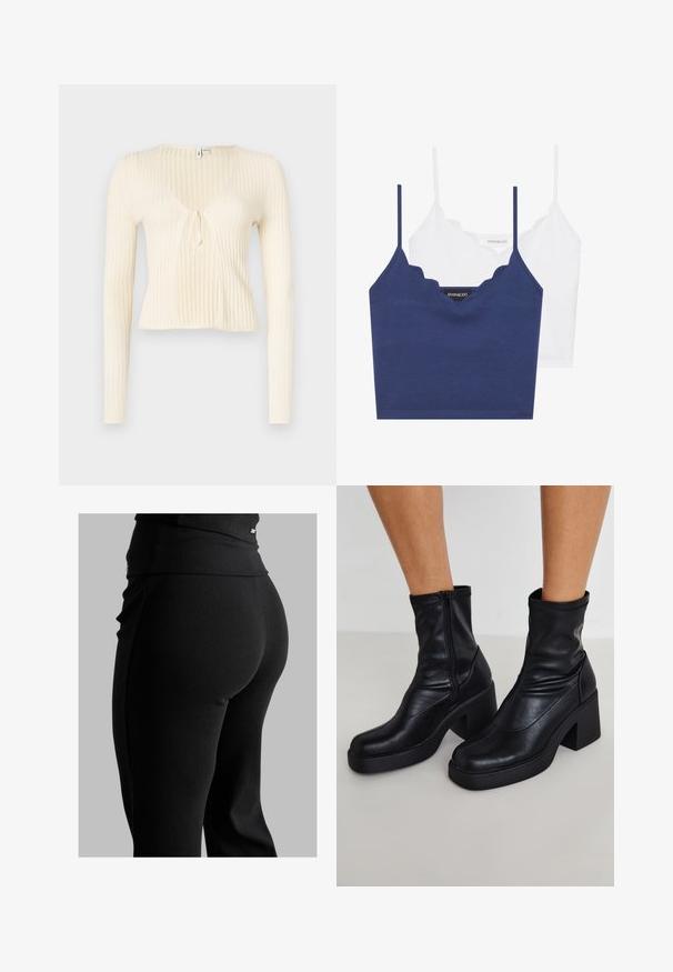 Geribbelde, crème-kleurige blouse met lange mouwen, een V-hals en strikdetail aan de voorkant. Lichtgewicht stof, getailleerd ontwerp en cropped lengte.; Navy en witte katoenen bralette set met een scalloped halslijn, dunne verstelbare bandjes en een aansluitend ontwerp. Logo label aan de binnenzijde van het navy stuk.; Zwarte geribde leggings met een hoge tailleband, een strak gevormde pasvorm en een gladde textuur. Bevat subtiele hardwaredetails op de tailleband.; Zwarte leren enkellaarsjes met een hoge blokhak, voorzien van een zijrits, een zachte textuur en een taps toelopende tekening.