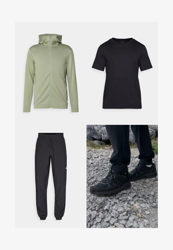 Huisjesjack met capuchon in lichtgroen, gemaakt van gladde stof. Kenmerkt zich door een hoge hals en lange mouwen met elastische manchetten. Geen zichtbare patronen.; Zwarte T-shirt gemaakt van soepel materiaal, met een ronde hals en korte mouwen. Subtiele branding in het zwart gedrukt op de borst.; Zwarte sportieve broek gemaakt van lichtgewicht stof, met een trekkoord in de taille, zijzakken en taps toelopende boorden bij de enkels.; Zwarte buitenschoenen van mesh en synthetisch materiaal, met een gestructureerd bovenwerk, een beveiligd vetersysteem en een robuuste zool, op een ruig terrein.