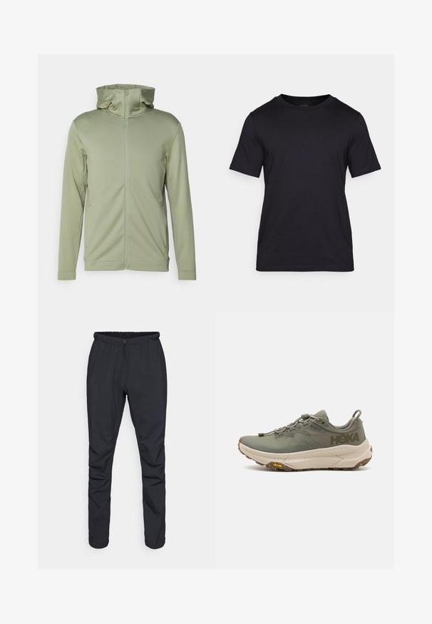 Giacca con cappuccio e zip di colore verde chiaro, realizzata in tessuto liscio. Presenta un colletto alto e maniche lunghe con polsini elasticizzati. Nessun motivo visibile.; Maglietta nera realizzata in tessuto liscio, con scollatura a girocollo e maniche corte. Logo discreto stampato in nero sul petto.; Pantaloni leggeri neri con cintura elastica, chiusura con cordoncino e gambe affusolate. Realizzati in materiale idrorepellente con una texture liscia.; Scarpa da corsa Hoka verde con tomaia in Gore-Tex, dettagli testurizzati, lacci elasticizzati e suola spessa beige con logo Vibram.