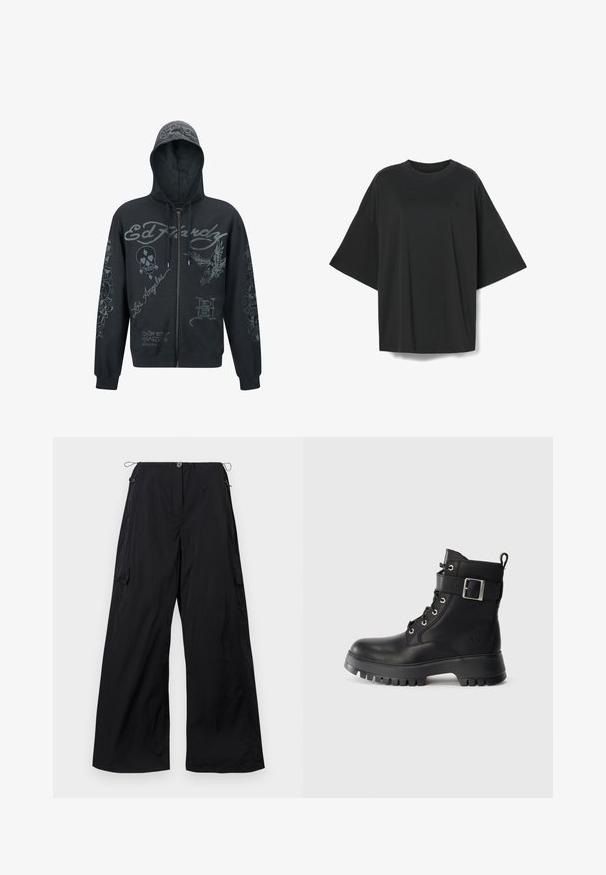 Ed Hardy DEATH-BEFORE MONO - Mikina na zip - black; Černé oversized tričko vyrobené z bavlny, s kulatým výstřihem a širokými rukávy. Minimalistický design s jemným logem na přední straně.; Široké černé kalhoty vyrobené z lehkého materiálu, s předním zapínáním na knoflík, stahovacími šňůrkami v pase a bočním detailním kapsou typu cargo.; Černá kožená bojová bota s tlustou gumovou podrážkou, šněrovacím předním dílem, kotníkovým popruhem se stříbrnou sponou a poutkem na zadní straně.