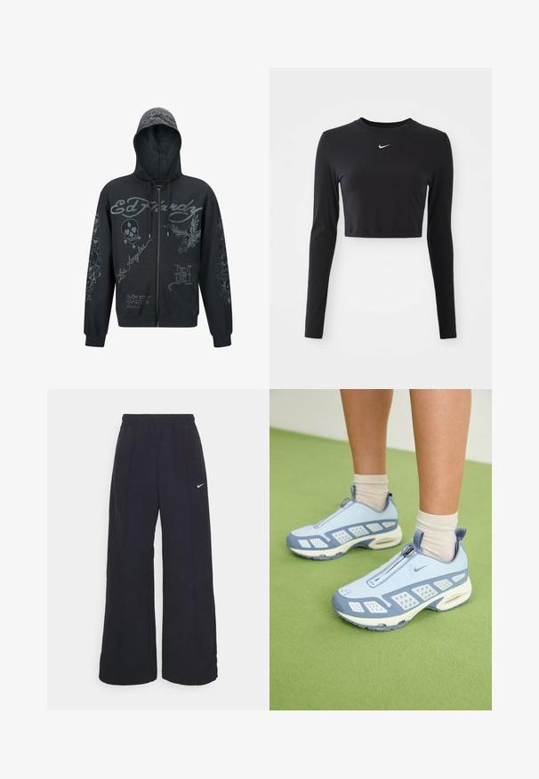 Ed Hardy DEATH-BEFORE MONO - Zip-up sweatshirt - black; Black long-sleeve cropped top made of smooth fabric, featuring a round neckline and a white Nike logo on the chest.; Black wide-leg pants with an elastic waistband and a small white Nike logo. Fabric has a smooth texture, designed for comfort and casual wear.; Light blue athletic shoes with white accents, textured panels, and a zip closure. Features a visible air cushioning sole and rubber outsole.