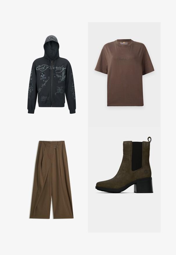 Ed Hardy DEATH-BEFORE MONO - Felpa con zip - black; T-shirt in cotone marrone con maniche corte e scollo rotondo. Presenta un sottile logo ricamato "Timberland" sul davanti.; Pantaloni larghi marroni con sottili righe bianche, vita alta, chiusura frontale con bottone e pannello sovrapposto in stile avvolgente.; Stivaletto in suede marrone con pannello laterale elastico nero, linguetta, tacco a blocco e logo a forma di albero impresso sul tallone.