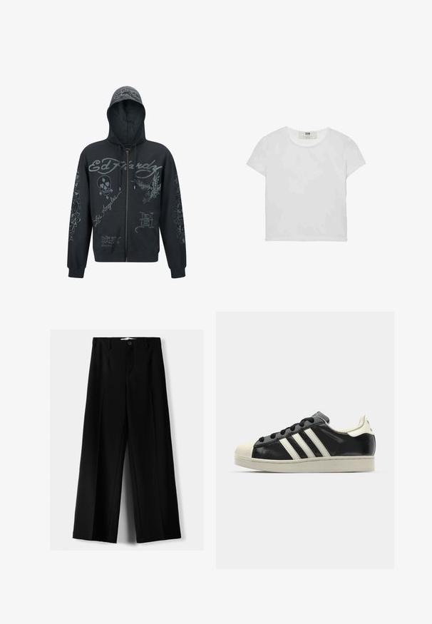 Ed Hardy DEATH-BEFORE MONO - Felpa con zip - black; T-shirt bianco a maniche corte e girocollo, realizzato in cotone morbido, con un design semplice e pulito, privo di motivi o dettagli visibili.; Pantaloni neri a gamba larga realizzati in tessuto leggero, caratterizzati da una chiusura frontale con bottone e frontale piatto, con orli cuciti con precisione.; Sneaker in pelle nera con strisce bianche, punta in gomma, lacci neri e suola di colore crema. Texture liscia con finitura brillante.