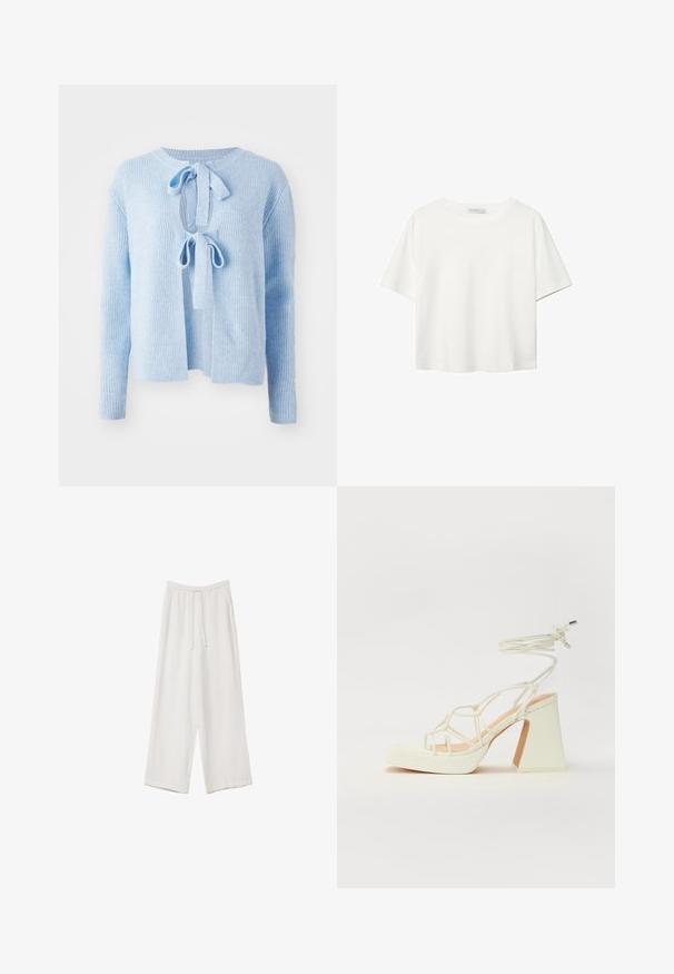 Svetlo modra rebrasta jopica z okroglim izrezom, sprednjim odprtjem in zavezovanjem, ter dolgimi rokavi. Mehak material z udobnim krojem.; Bela kratka majica s kratkimi rokavi iz bombaža. Ima okroglo izrezovanje in sproščen kroj. Gladka tekstura brez vidnih vzorcev ali poudarkov.; Bele široke hlače iz lahkega materiala. Imajo elastičen pas s vrvico in stranske žepe. Gladka tekstura.; Bela sandala na visokih petah s debelim petam, ki ima obliko trakcev in vezanje okoli gležnja. Gladka tekstura z platformo spredaj za dodatno višino.