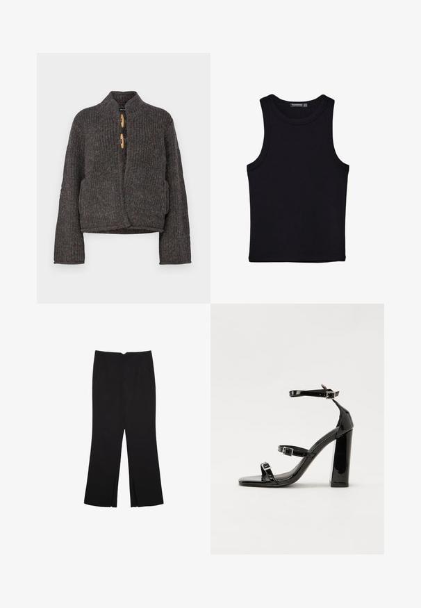 Vero Moda VMSIRI OPEN CARDIGAN - Cardigan - dark grey; Sort tank top lavet af bomuld, med rund halsudskæring og brede armhuller. Glat tekstur med syede kanter. Klassisk, minimalistisk design.; Sorte bukser med lige pasform, der har frontlommer og slidser i kanten. Lavet af blødt, glat stof. Velegnet til forskellige anledninger.; Sorte laklædersandaler med høje hæle, to spænderemme, firkantet tå og en kraftig blokhæl, der har en glat, blank overflade.