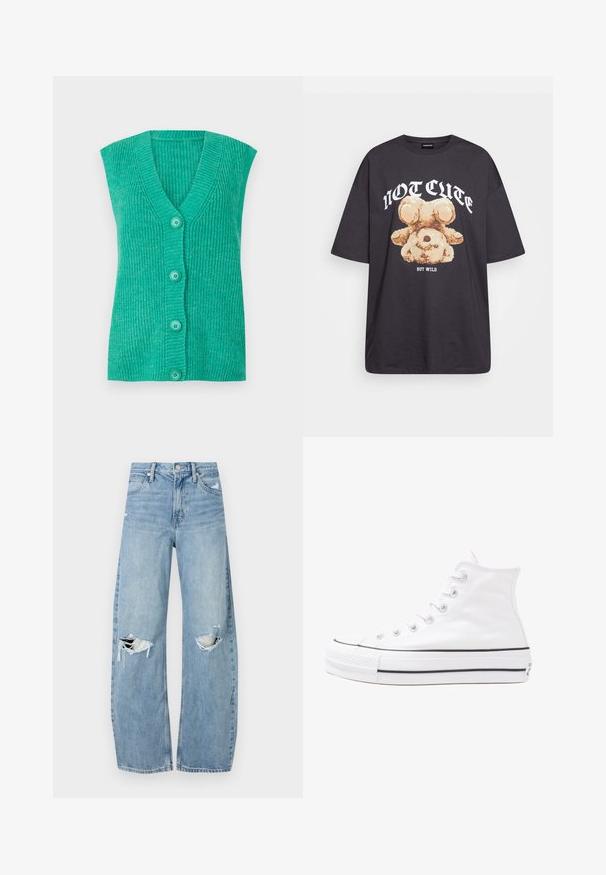 Turkio spalvos be rankovių kardiganas su V formos iškirpte, glausta tekstūra ir keturiais derančiais mygtukais priekyje. Minkšta megzto audinio medžiaga.; Juodas per didelis marškinėliai su bearo grafika ir tekstu "NE SIAUBINGA, BET NERAMUS" bold baltomis raidėmis. Pagaminta iš medvilnės.; Šviesiai mėlynos, aukštu juosmeniu džinsai pagaminti iš džinsinio audinio. Turi plačias kojų kelnes, dvi suplėšytas kelio vietas ir klasikinį penkių kišenių dizainą.; Balti aukštakulniai drobės sportbačiai su juodu guminio pado, priekinio guminio piršto dangteliu ir šešiais akytėmis raištams, pasižymintys švariu, minimalistiniu dizainu.