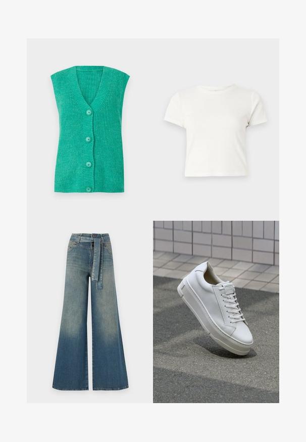 Tirkīza bez piedurknēm kardigāns ar V veida kakla izgriezumu, ribota tekstūra un četri saskaņoti pogas priekšpusē. Mīksta adīta auduma.; Īsa balta T-kreklā izgatavots no kokvilnas ar īsām piedurknēm, apaļu kakla izgriezumu un taisnu apakšu, piedāvā gludu tekstūru un minimālistisku dizainu.; Platām kājām džinsu bikses ar gaismas līdz tumši zilam gradientam, augstu jostas līniju, jostas cilpām un atbilstošu auduma jostu. Tekstūrēts džinsas apdare.; Baltas ādas sporta apavi ar zemu augšanas dizainu, plakaniem šņorēm, noapaļotu purngalu un teksturētām malām. Bieza gumijas zole ar smalkām akcentiem.