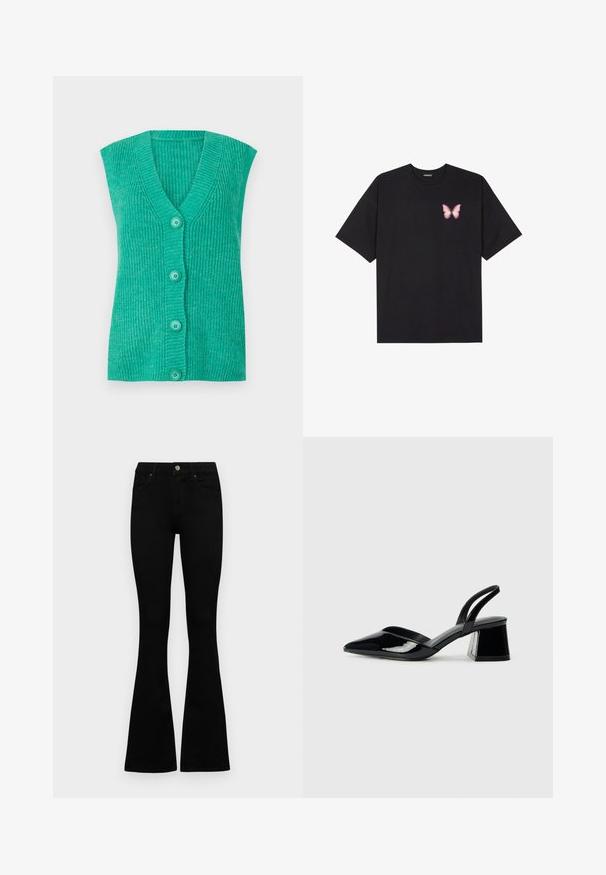 Tirkīza bez piedurknēm kardigāns ar V veida kakla izgriezumu, ribota tekstūra un četri saskaņoti pogas priekšpusē. Mīksta adīta auduma.; Melna kokvilnas T-krekls ar īsām piedurknēm, kuram priekšā kreisajā pusē ir neliels rozā tauriņa grafiskais attēls. Ar apaļu kaklu un brīvā stila piegriezumu.; Melni augsta jostas šorti ar pogu un rāvējslēdzēju, priekšējām kabatām un izplestām kājām, nolikti uz balta fona.; Melna lakota āda ar atvērto papēdi, ar smailu purngalu un ģeometrisku blokpapēdi. Iezīmējas elegants, minimāls dizains un gluda tekstūra.