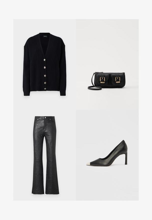 Mustmustard must kaelusega, pikkade varrukatega ja kuue hõbedase tähe nupuga ees. Valmistatud pehmest tekstuuriga kudumist.; Tumedatane nööbiga särk, mis on valmistatud pehmest kangast. Omab kahte rinna taskut, õlavarre epauletti ning pikki varrukaid nööpidega mansettidega.; Mustad nahast lai pahkluudega püksid, millel on kortsus tekstuur, kõrge vöökoht, ees olevad taskud ning klassikaline nööpkinnitus koos luku läbitegemisega.; Mustast nahast kõrge kontsaga king terava varba ja metallik hõbedase otsikuga. Iseloomustab sile viimistlus ja sihvakas 10 cm konts.; Must küllastamata nahast õlakott, millel on kaks esist nähtavat taskut, kuldsed pandlad, tõmblukuga sulgemine ja peen rihm. Tekstuuriga pind ja kompaktne ristkülikukujuline kuju.