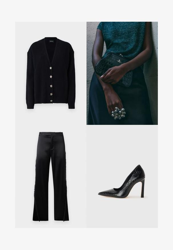 Czarny kardigan z głębokim dekoltem w serek, długimi rękawami oraz sześcioma srebrnymi guzikami w kształcie gwiazdy z przodu. Wykonany z miękkiego, teksturowanego dzianinowego materiału.; Biała bawełniana koszula z długim rękawem, z wyostrzonym kołnierzykiem, zapinana na guziki z przodu i zaokrąglonym dołem. Gładka faktura, regularny krój i brak wzorów.; Czarne satynowe spodnie z szerokimi nogawkami, z frędzlami wzdłuż szwów bocznych oraz gładkim pasem w talii. Prosty tył bez kieszeni.; Czarne szpilki z ostrym noskiem, pokryte teksturą skóry krokodyla, charakteryzujące się eleganckim wzornictwem, wysokim obcasem w stylu stiletto oraz gładkim czarnym wnętrzem.; Czarna kopertówka w wzór krokodyla z srebrnymi akcentami, trzymana na szarym, teksturowanym tle. Posiada błyszczącą powierzchnię.