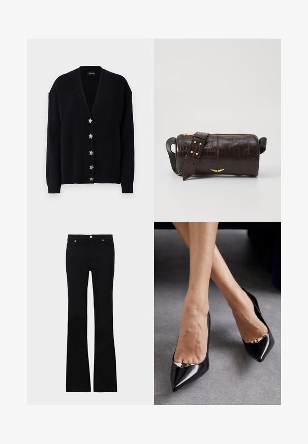Čierny cardigan s hlbokým V-výstrihom, dlhými rukávmi a šiestimi striebornými hviezdičkovými gombíkmi na prednej strane. Vyrobený z jemného texturovaného pleteného materiálu.; Čierna blúzka z jemnej tkaniny, so šnurovacím výstrihom a kvetinovým vzorom. Dlhé, pufované rukávy a voľný strih dotvárajú celkový dizajn.; Čierne rozšírené džínsy vyrobené z denimu, s dvoma prednými vreckami, zapínaním na gombík a hladkým povrchom. Viditeľné podpisové šitie na švoch.; Čierne kožené topánky na vysokom opätku s špicatou špičkou a otvoreným dizajnom, ktorý obsahuje dekoratívny strieborný akcent. Hladká textúra s lesklým povrchom.; Hnedá taška z kože s embosovaným vzorom krokodíla, cylindrického tvaru, so zlatými hardvérovými doplnkami a odnímateľným popruhom so štítkami.