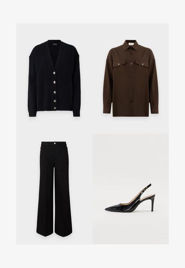 Cardigan nero con scollo a V profondo, maniche lunghe e sei bottoni a stella argentati sul davanti. Realizzato in morbido materiale lavorato a maglia.; Camicia marrone scuro a maniche lunghe con bottoni, dotata di due tasche a pattina sul petto e colletto classico, mostrata su uno sfondo bianco uniforme.; Jeans neri a gamba larga realizzati in tessuto resistente, con vita alta, tasche frontali e chiusura con bottone anteriore. Orlo piatto sul fondo.; Pumps slingback in pelle verniciata nera con punta affilata, tacco sottile e un design con ritagli delicati. Caratterizzate da una fibbia dorata sul cinturino.