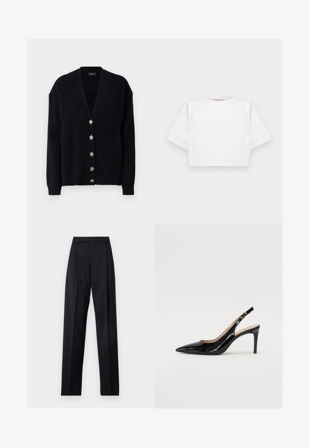 Black cardigan featuring a deep V-neck, long sleeves, and six silver star buttons down the front. Made of soft textured knit material.; Cropped white t-shirt made of soft fabric, featuring short sleeves, a round neckline, and ribbed hem details. Simple and unembellished design.; Black trousers made from smooth fabric featuring a high waist, wide legs, front pleats, and classic belt loops. No side pockets visible.; Black patent leather slingback pump with pointed toe, slim heel, and a subtle cutout design. Features a gold buckle on the strap.