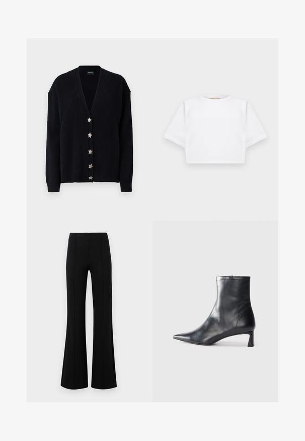 Crna cardigan jakna s dubokim V-izrezom, dugim rukavima i šest srebrnih dugmadi u obliku zvijezda duž prednje strane. Napravljena od mekane teksturirane pletene tkanine.; Skraćena bijela majica od mekog materijala, s kratkim rukavima, okruglim izrezom i rebrastim detaljima na rubu. Jednostavan i neukrašen dizajn.; Crne siraste hlače visokog struka, izrađene od rastezljivog materijala. Imaju vertikalne šavove sprijeda i glatku teksturu.; Crne kožne gležnjače s uskim vrhom i elegantnim dizajnom. Imaju niski potpetak i zatvaranje na patentni zatvarač straga. Glatka tekstura.