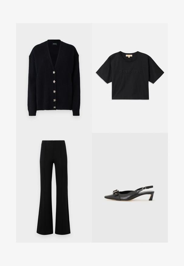 Cardigan negru cu decolteu adânc în V, mâneci lungi și șase nasturi argintii în față. Fabricat dintr-un material tricotat moale și texturat.; Tricou scurt negru din bumbac. Are guler rotund și mâneci scurte. "MICHAEL KORS" brodat în aceeași culoare pe față.; Pantaloni negri evazați, cu talie înaltă, fabricați dintr-un material elastic. Prezintă detalii cu cusături verticale în față și o textură netedă.; Pantofii negri din piele cu toc mic, vârf ascuțit și detaliu decorativ cu cataramă pe partea superioară. Textură netedă, design minimal.