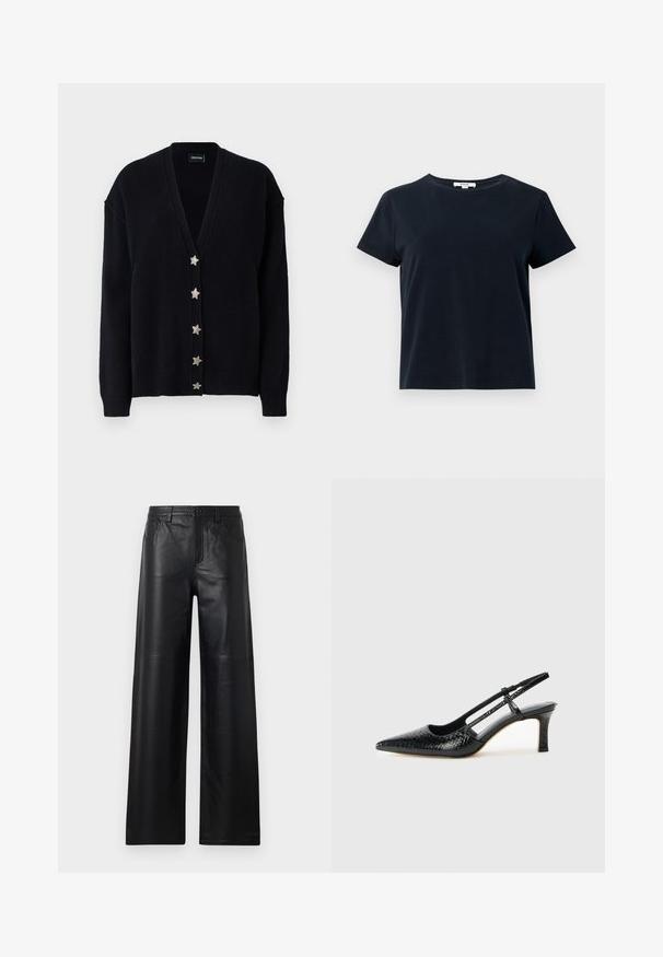 Cardigan noir avec un décolleté en V profond, des manches longues et six boutons en forme d'étoile argentés sur le devant. Fabriqué en maille texturée douce.; T-shirt à manches courtes bleu marine foncé, fabriqué en coton doux, avec un col rond et une coupe décontractée. Pas de motifs ni d'accents visibles.; Pantalons en cuir noir à jambes larges avec une texture lisse, dotés de poches avant, d'une fermeture par bouton et de détails de couture subtils.; Escarpin slingback en vernis noir avec un bout pointu, présentant un imprimé serpent texturé, une sangle réglable et un petit talon bloc texturé.
