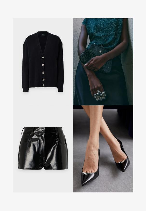 Musta kardigan, jossa on syvä V-pääntie, pitkät hihat ja kuusi hopeista tähteä nappia edessä. Valmistettu pehmeästä teksturoidusta neulontakankaasta.; Harmaa ribbattu tankkitoppi, jossa on istuva muotoilu, leveät käsi aukot ja pyöreä kaula-aukko. Valmistettu pehmeästä puuvillakankaasta, jossa on sileä pinta.; Lyhyet mustat kiiltävät shortsit, jotka on valmistettu synteettisestä materiaalista. Niissä on hyvä istuvuus vyötäröllä, vyölenkit ja etutaskut, joissa on näkyvät ompeluyksityiskohdat.; Musta nahkasaapas, jossa on korkea korko, terävä kärki ja avoin muotoilu, jossa on koristeellinen hopeinen yksityiskohta. Sujuva pinta kiilloitetulla viimeistelyllä.; Musta krokotiilihäntäinen penaali, jossa on hopeiset yksityiskohdat, pidetään teksturoitua harmaata taustaa vasten. Pintamateriaali kiiltävä.