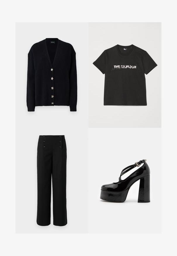 Schwarze Strickjacke mit tiefem V-Ausschnitt, langen Ärmeln und sechs silbernen Sternknöpfen auf der Vorderseite. Aus weichem, strukturiertem Strickmaterial gefertigt.; Schwarzes Baumwoll-T-Shirt mit kurzen Ärmeln, das ein gedrucktes weißes und graues "THE 2LOOK"-Design auf der Vorderseite zeigt. Klassischer Rundhalsausschnitt.; Schwarze weit geschnittene Hosen aus glattem Stoff mit hoher Taille und fünf vorderen Knöpfen zum Schließen. Elegantes, maßgeschneidertes Design.; The Kooples CHAUSSURES - High Heel Pumps - black